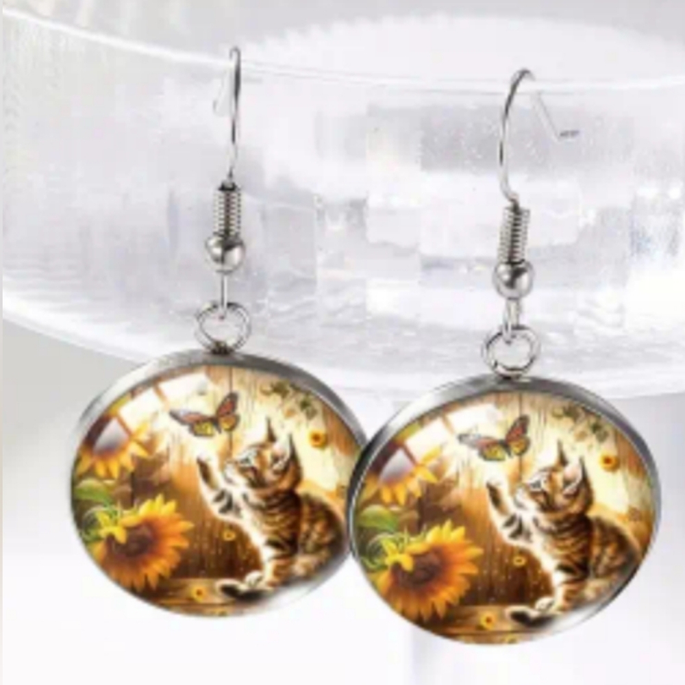 Sunflower earrings Whimsy Feminine Cat Crystal Glass pets-(#318)‎